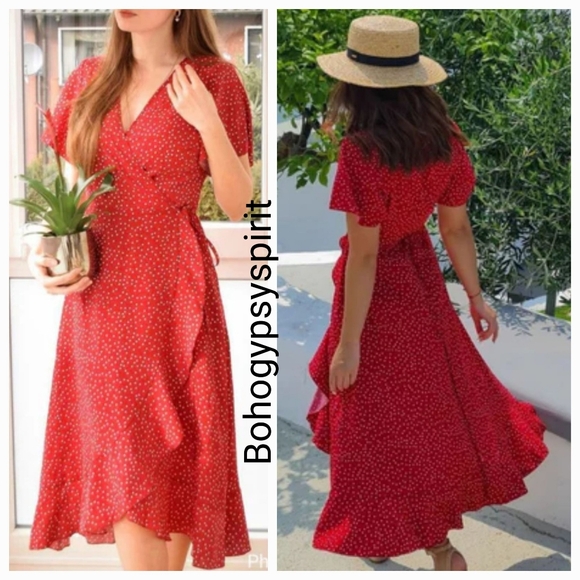 NWT Rihoas Red & White PolkaDot Wrap Midi Dress, Medium - Picture 11 of 17